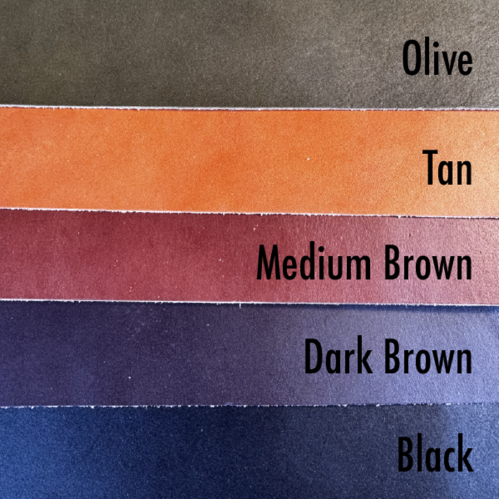 Five leather colour samples: olive, tan, medium brown, dark brown, and black