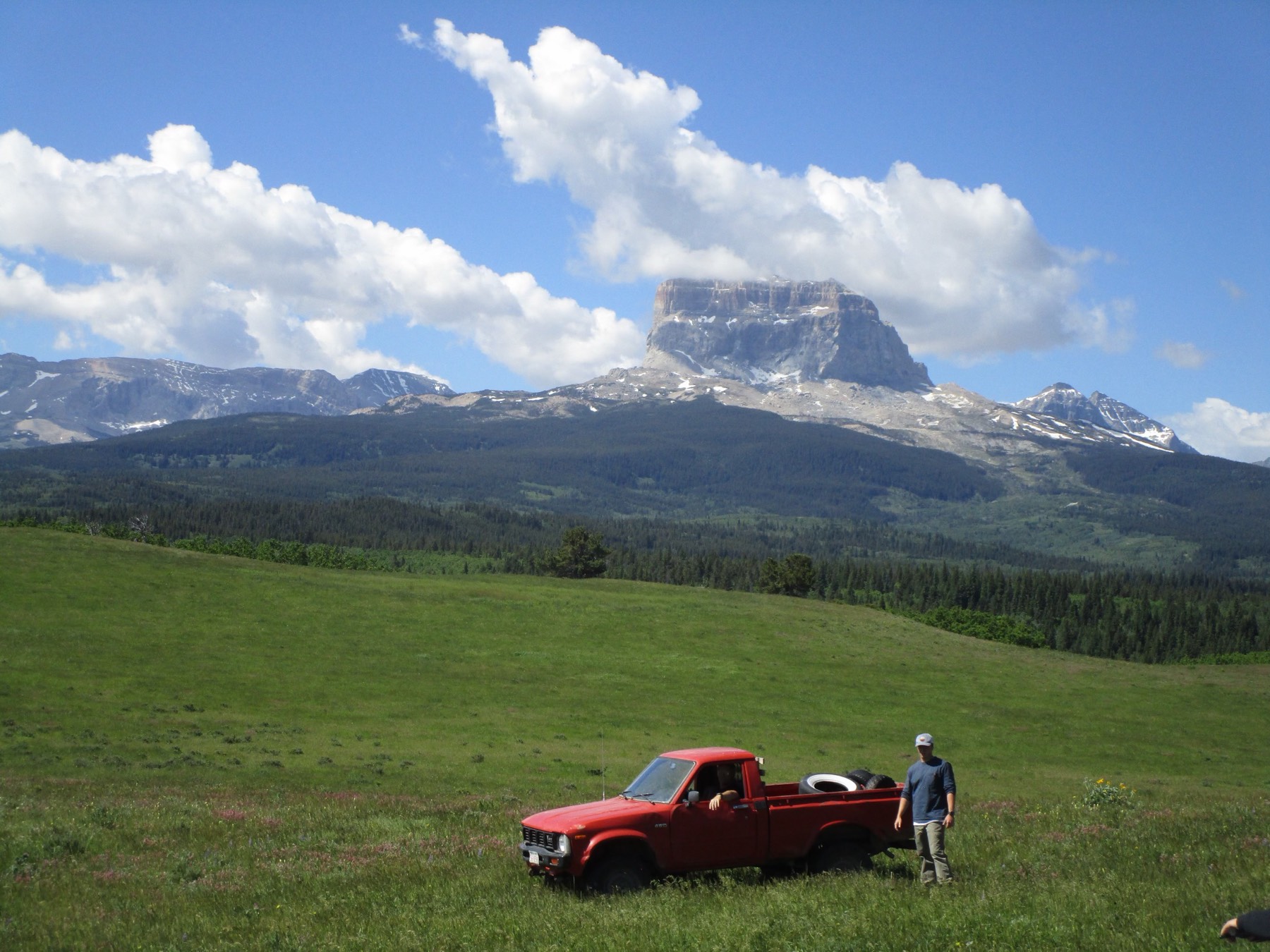 A red pickup truck in a meadow below Chief Mountain